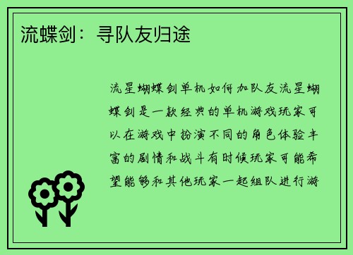 流蝶剑：寻队友归途